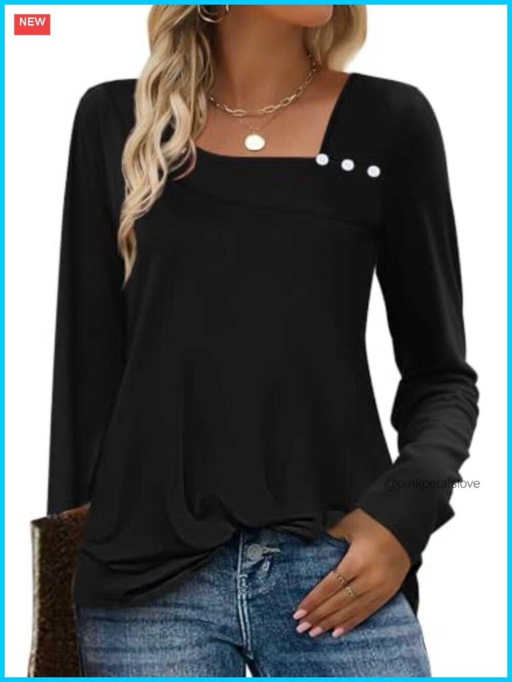 Women's Asymmetric Square Neck Long Sleeve Tunic Top with Decorative Buttons